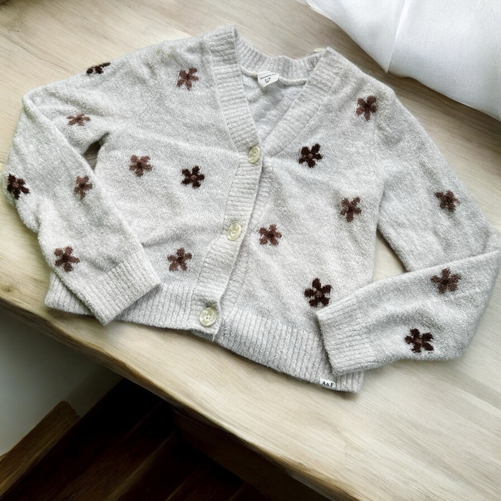 Abercrombie Kids Fuzzy Cream Cardigan with Brown Floral Embroidery Accents, 9-10